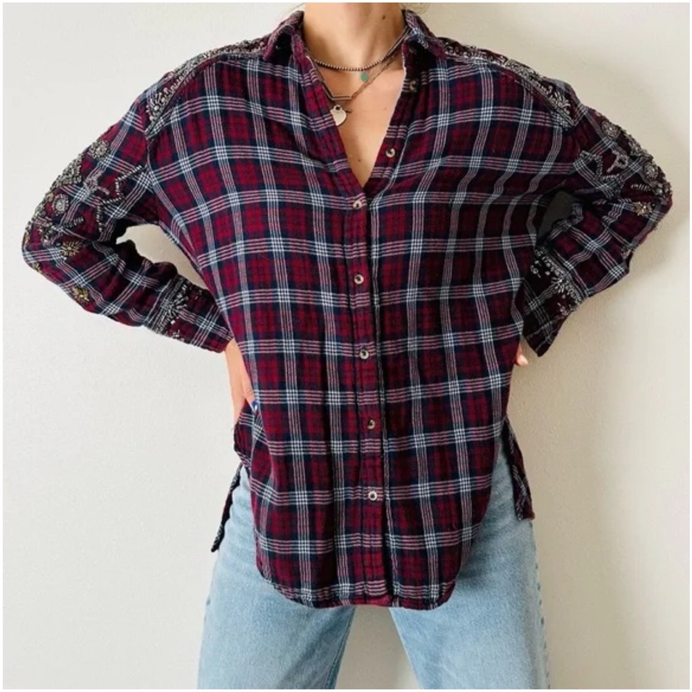 Free people downtown romance embellished button down shirt plaid small